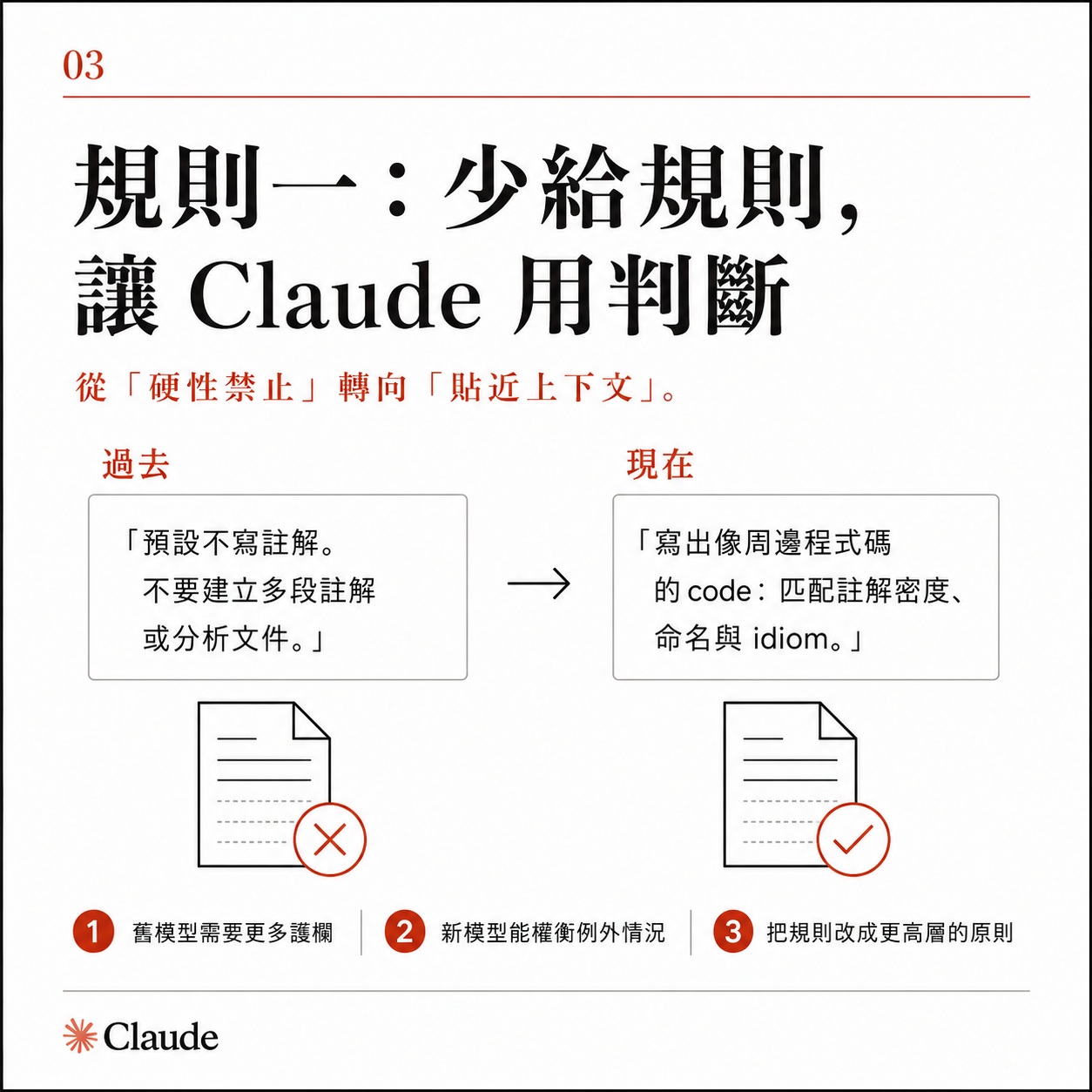 圖卡三:規則一少給規則讓 Claude 用判斷,對照過去的硬性禁止與現在的貼近上下文寫法