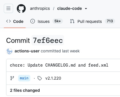 anthropics/claude-code repo 的 GitHub 頁面,Issues 顯示 5k+,最新 commit 標著 v2.1.220、committed last week