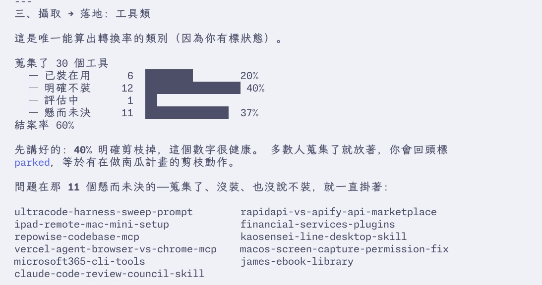 報告第二張截圖,統計 30 個蒐集到的工具中已裝在用 6 個、明確不裝 12 個、評估中 1 個、懸而未決 11 個,並列出那 11 個的名稱