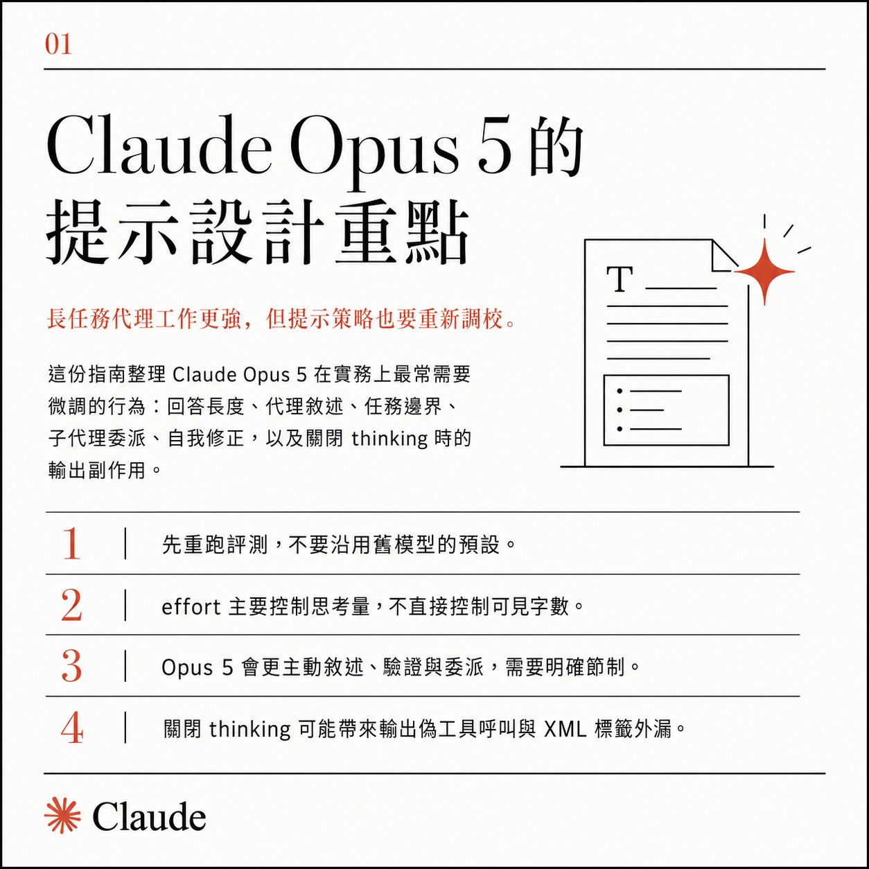 卡片一:Claude Opus 5 的提示設計重點,副標為長任務代理工作更強,但提示策略也要重新調校