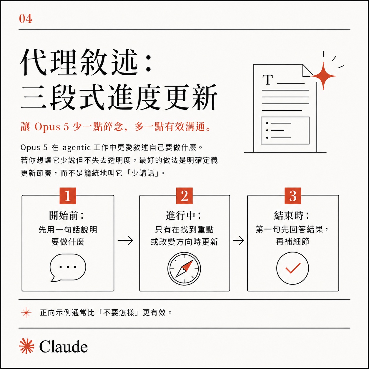 卡片四:代理敘述三段式進度更新,分為開始前、進行中、結束時三格