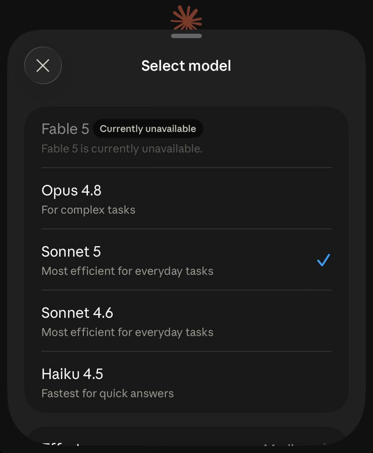 Claude App model picker: Fable 5 shows Currently unavailable, Sonnet 5 is selected